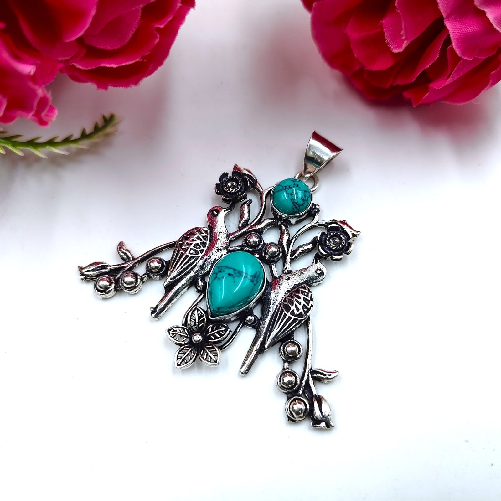 Blue Turquoise Gemstone Handmade 925 Sterling Silver Jewelry Pendant Size 2.25″