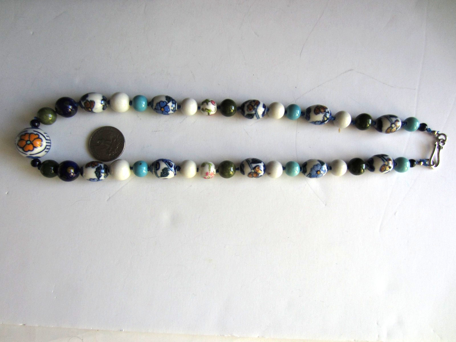 Mixed Porcelain Beaded Necklace Knotted Sterling Clasp 23.5″