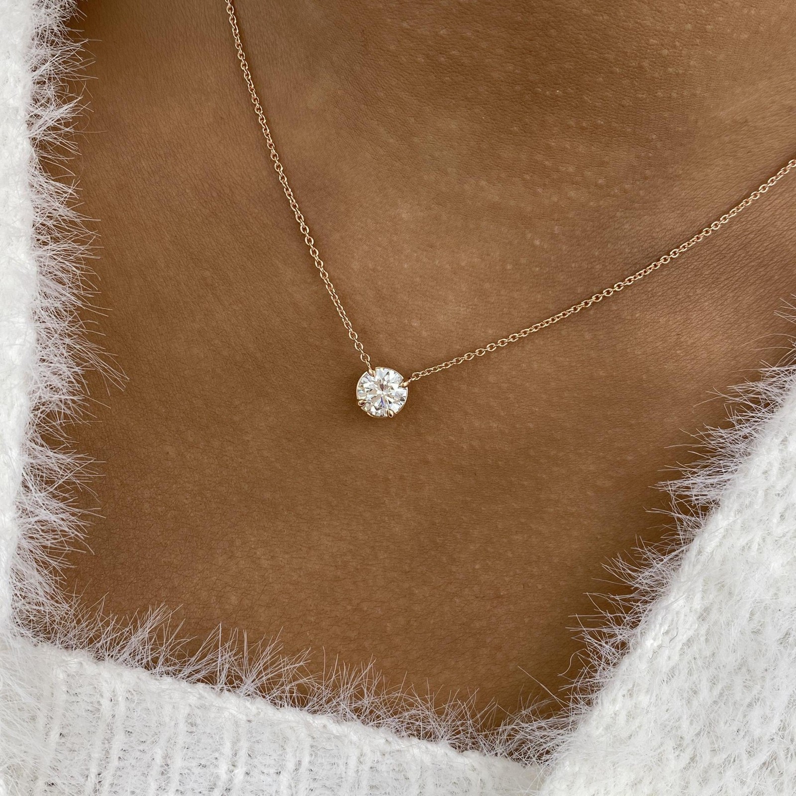 14K Rose Gold Solitaire Necklace 1ct Round E/VVS2 Labcreated Diamond Certified