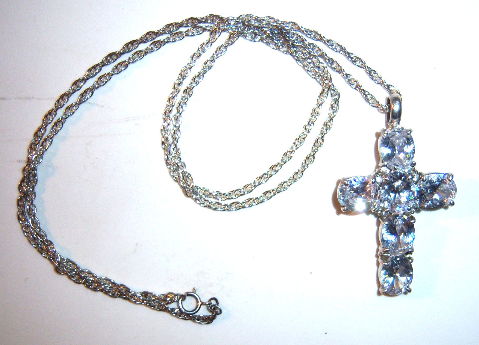 Sterling Silver Necklace and Gem Studded Cross 1 7/8″ x 1 1/16″