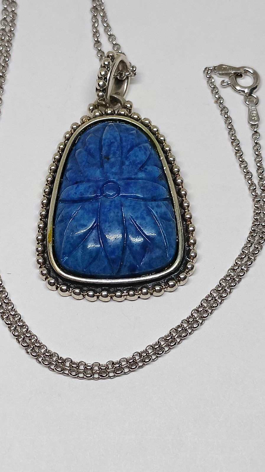 Royal Blue Sterling Silver Thailand Carved Sodalite Stone Necklace