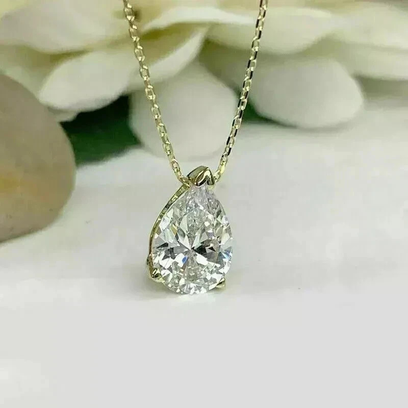 2.00Ct Pear Cut Real Moissanite Solitaire Pendant Free Chain 14K Gold Plated