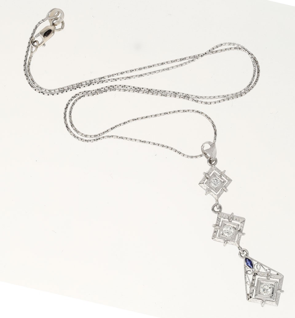 Natural Diamond Sapphire 18K Lavalier Pendant Necklace .35CT 14K WG 16”Chain
