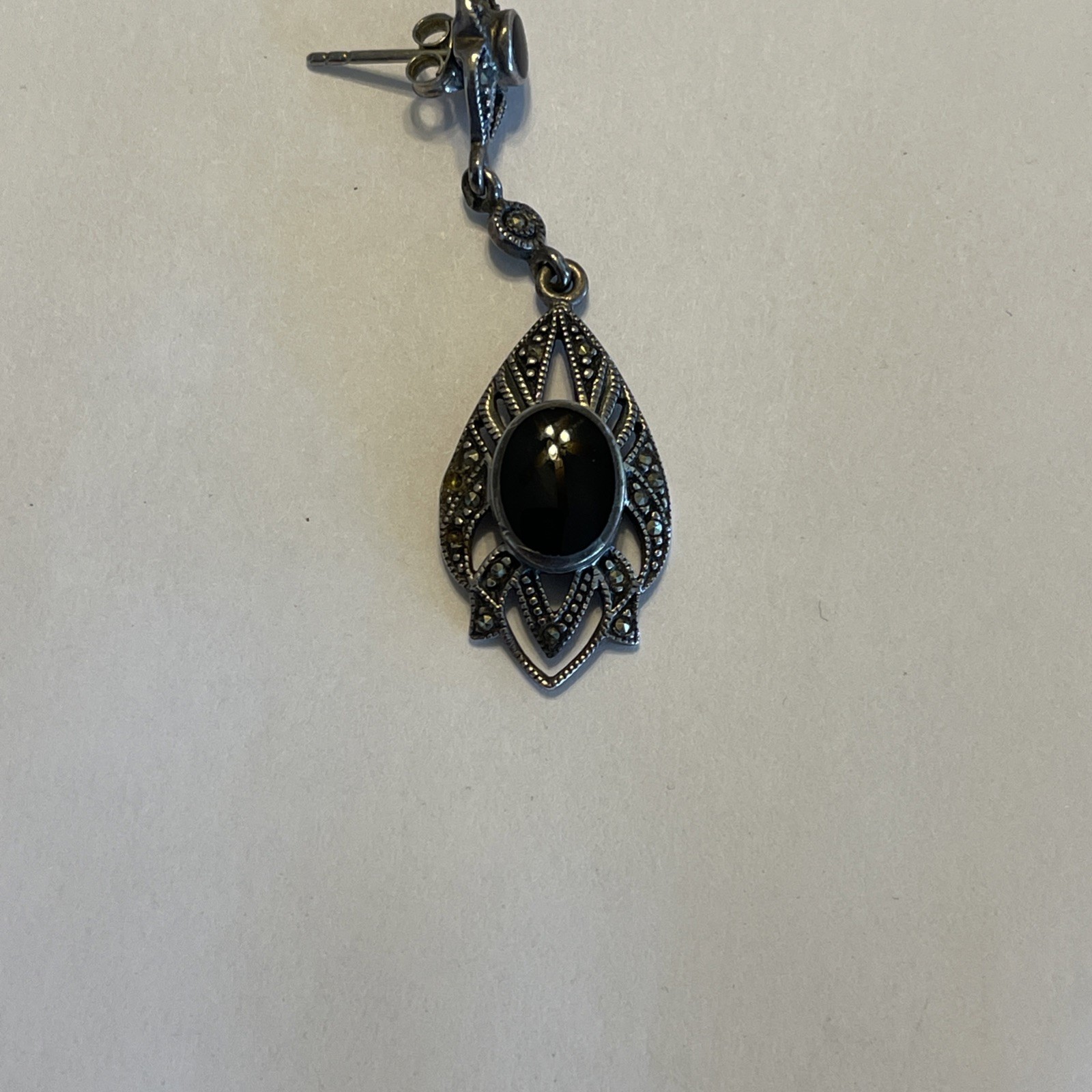 Vintage Sterling Silver Black Onyx Marcasite Filigree Pendant, Chain & Earrings