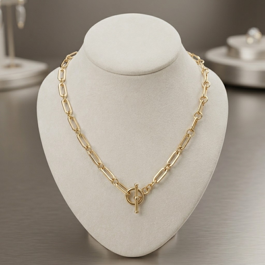 Technibond Paper Clip Chain Necklace Toggle Lock 14K Yellow Gold Plated Silver