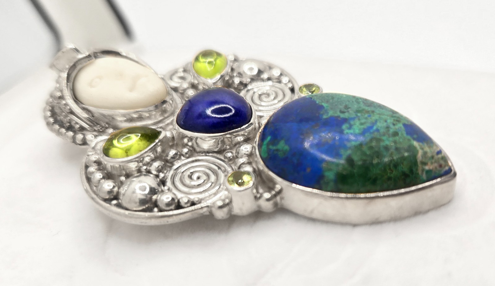 Sterling Silver Boho Goddess Maiden Pendant 925 Lapis Azurite, Peridot and Bone