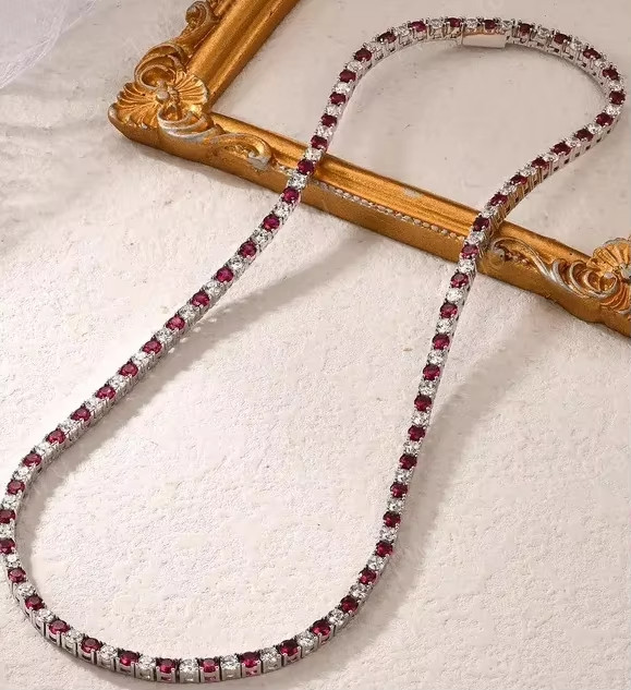 10Ct Round Cut Lab-Created Ruby Single Row Tennis Necklace 925 Sterling Silver