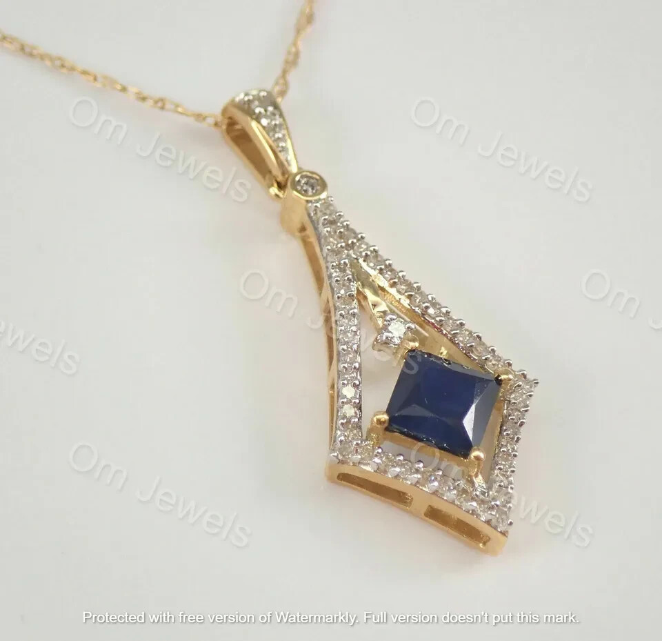 1Ct Princess Sapphire & Diamond Necklace Pendant 14K Yellow Gold Over Chain