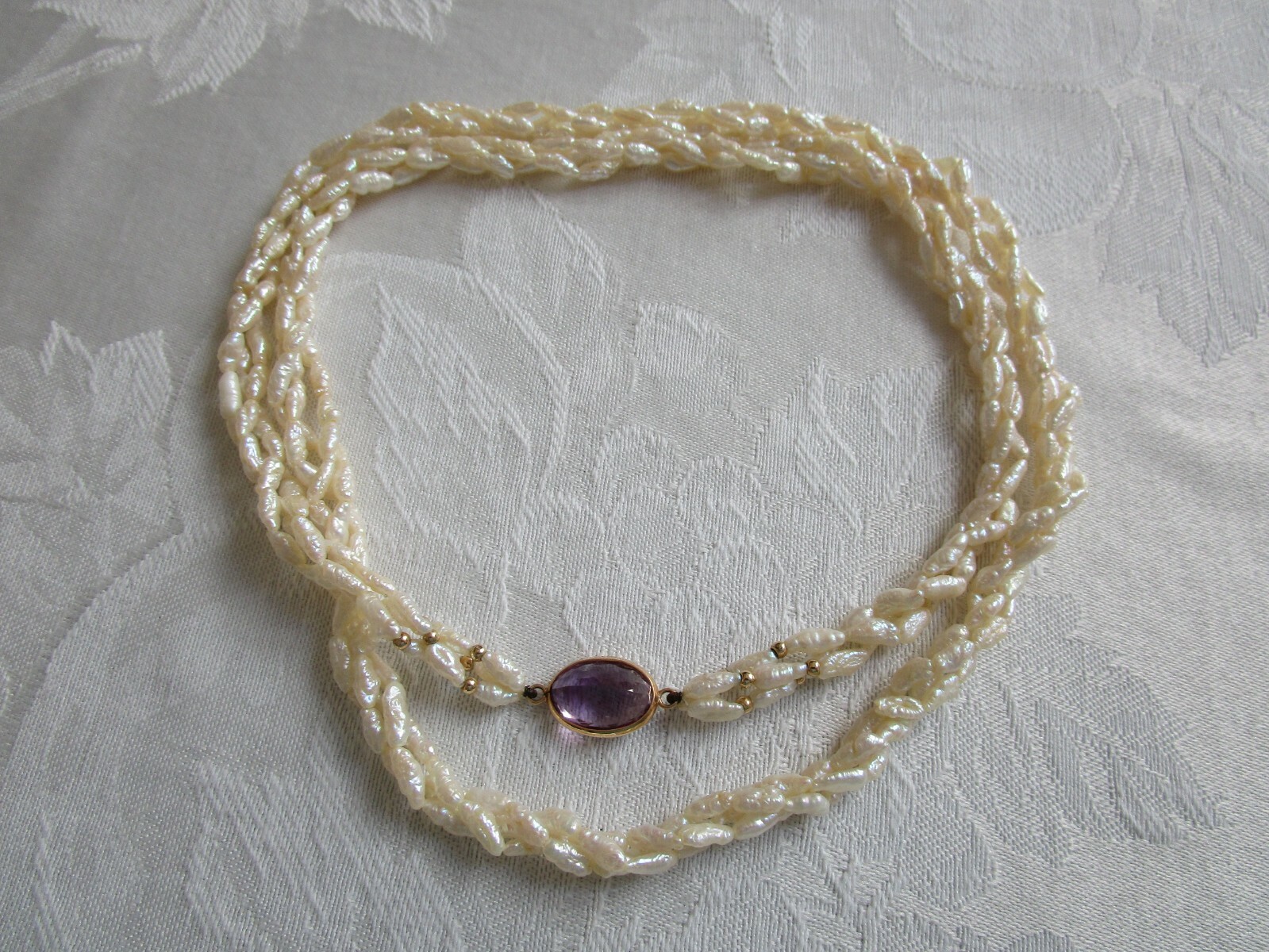 Vintage 14K Yellow Gold Amethyst Pearl Necklace 30″ L Excellent