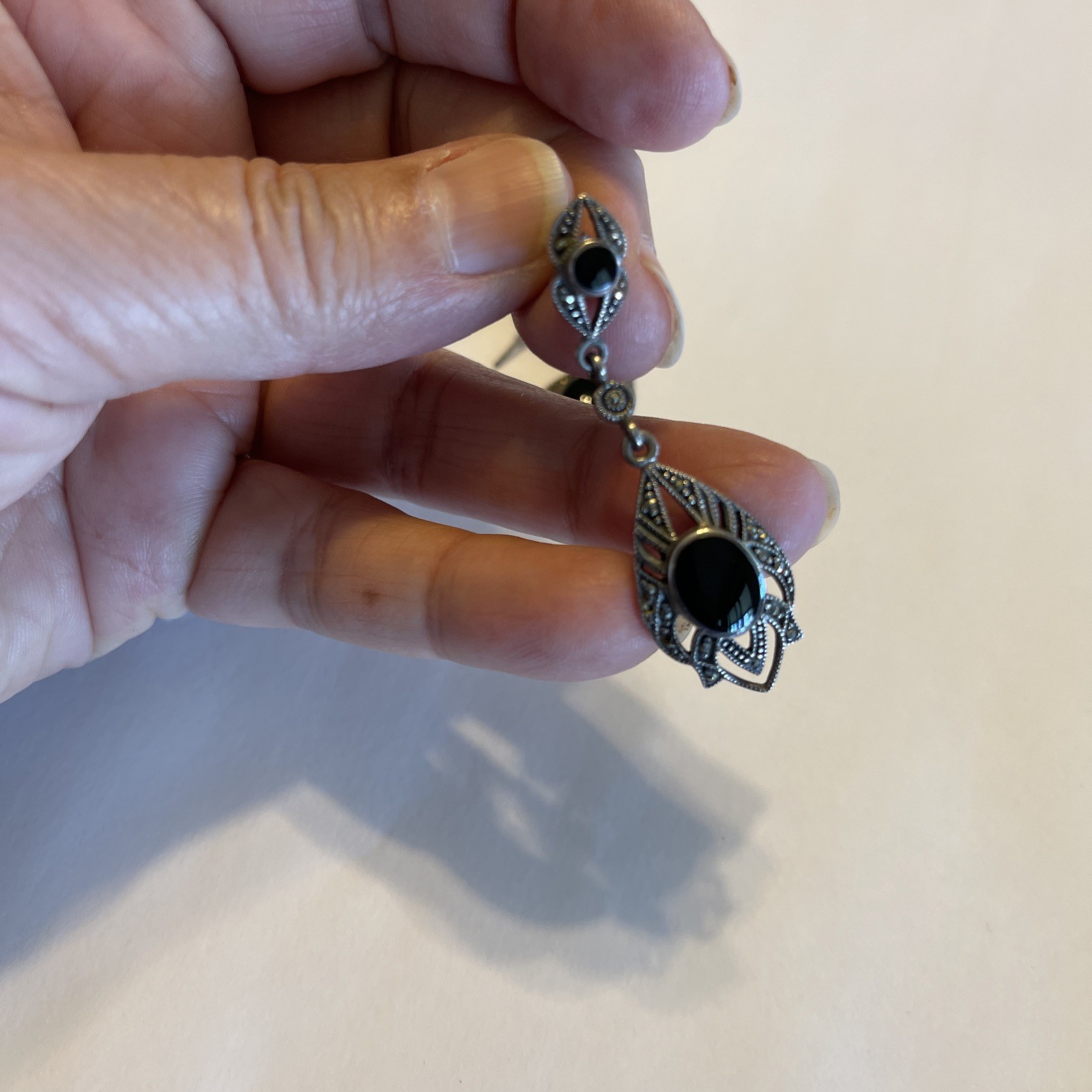 Vintage Sterling Silver Black Onyx Marcasite Filigree Pendant, Chain & Earrings