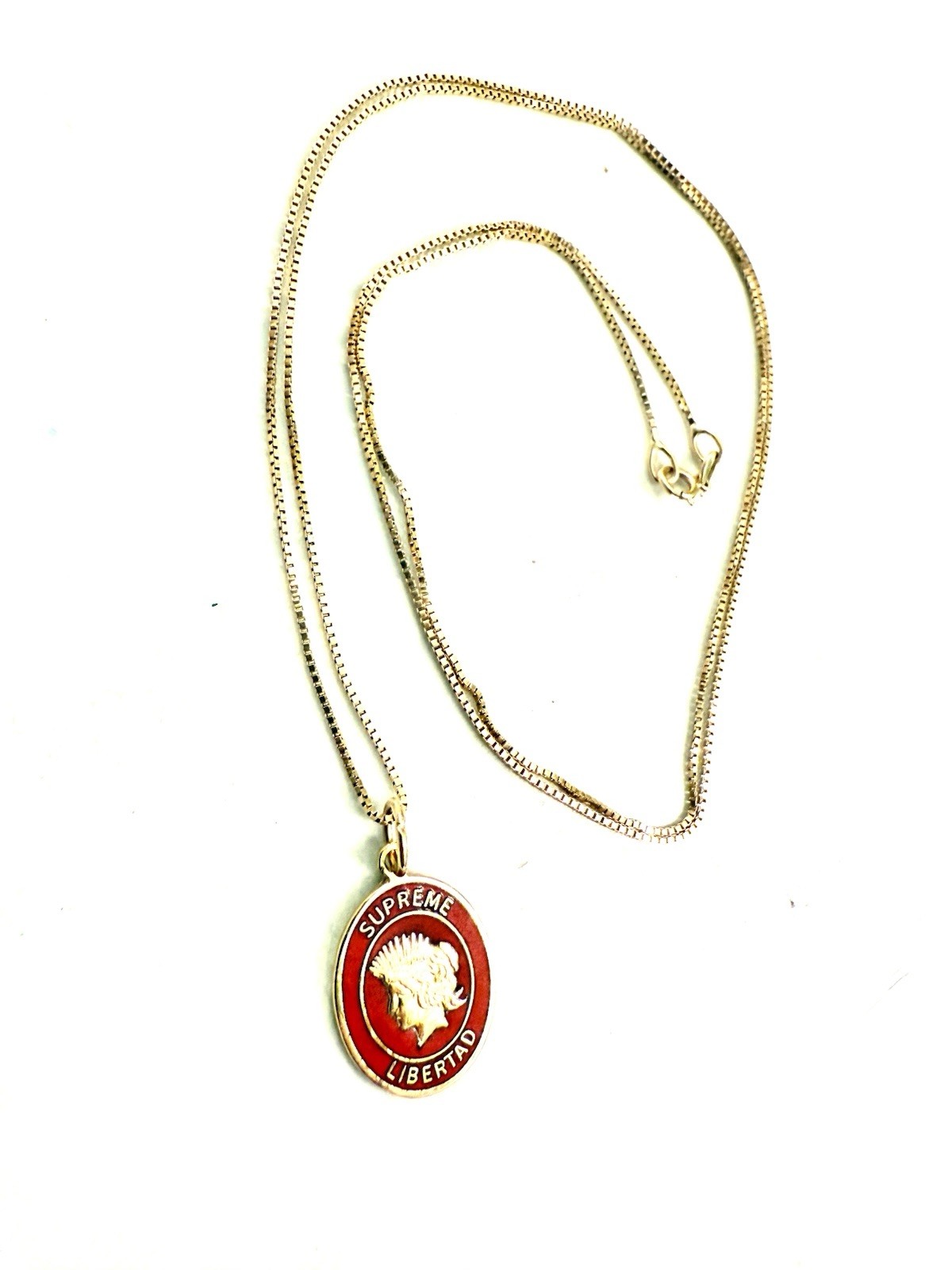 Supreme 14k Solid Gold Libertad Pendant on 14k Box Chain Necklace SS19
