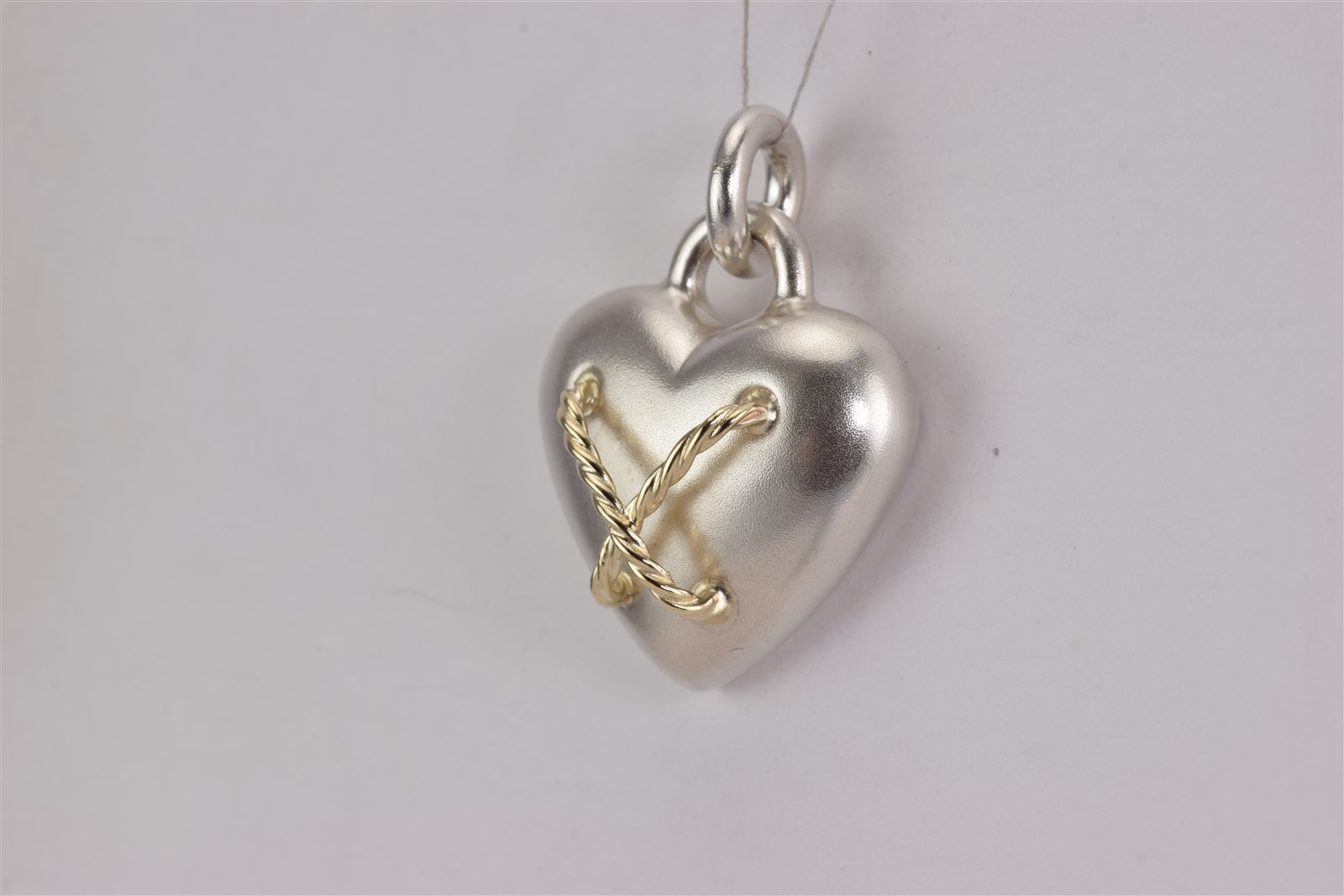 Sterling Silver 26mm x 23mm Puffy Satin Heart 14k Gold Cable 925 Pendant