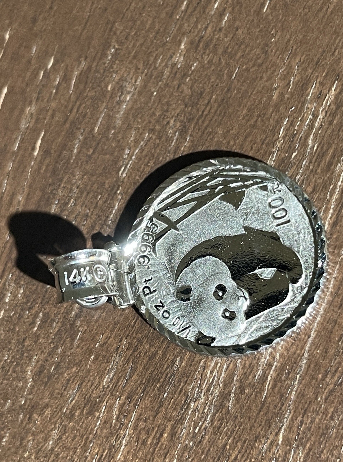 14K Solid White Gold Bezel Amulet with 1/10 Oz. Chinese Platinum Bullion Coin!