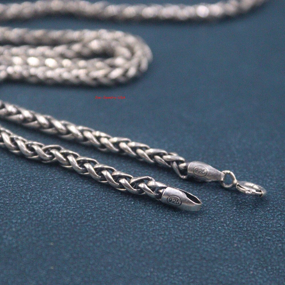 Genuine 925 Sterling Silver 3mm Wheat Link Chain Necklace 27.5″L Stamping S925