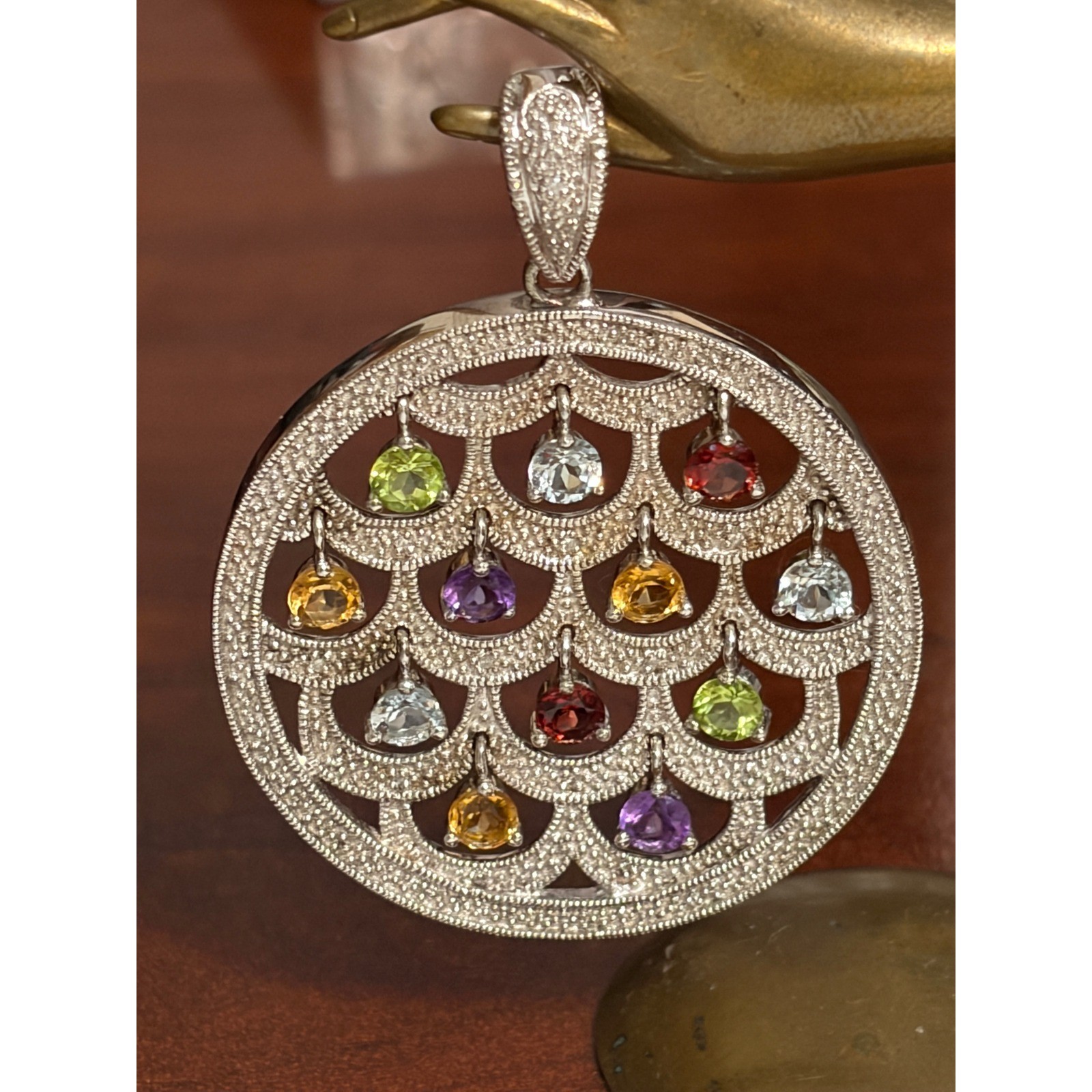 Unbranded 925 Sterling Silver Multi-Gemstone Scalloped Circle Pendant Large