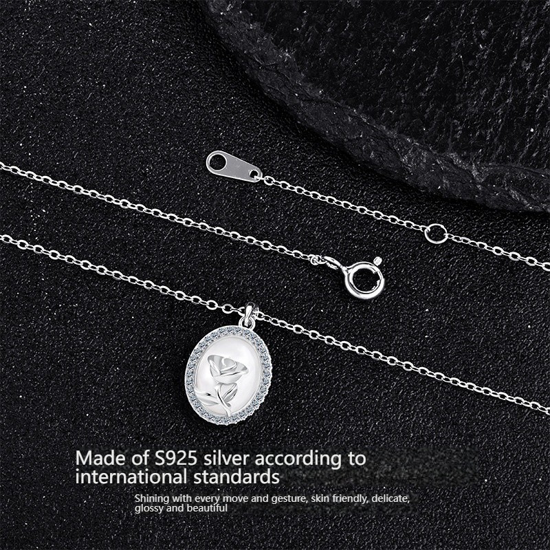 S925 Silver Oval Rose Pendant Necklace MOP Moissanite Korean Dainty Women Chain