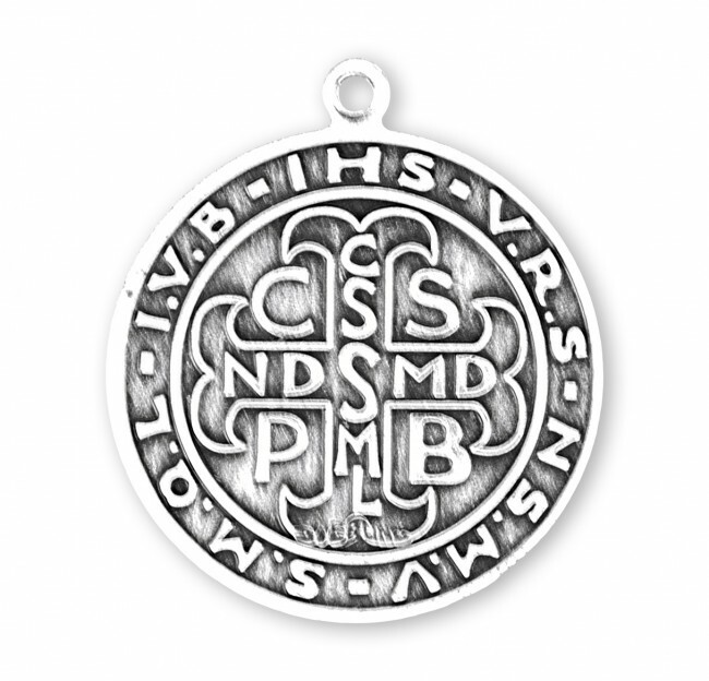 Saint Benedict Round Sterling Silver Medal, 0.9″, Velvet Boxed, US made, 20″