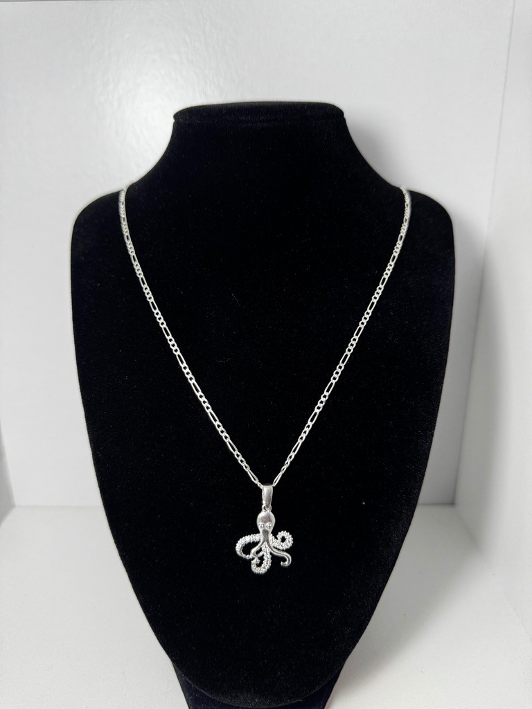 Sterling Silver Octopus Pendant Necklace 23 Inch Figaro Chain 925 CZ Accents