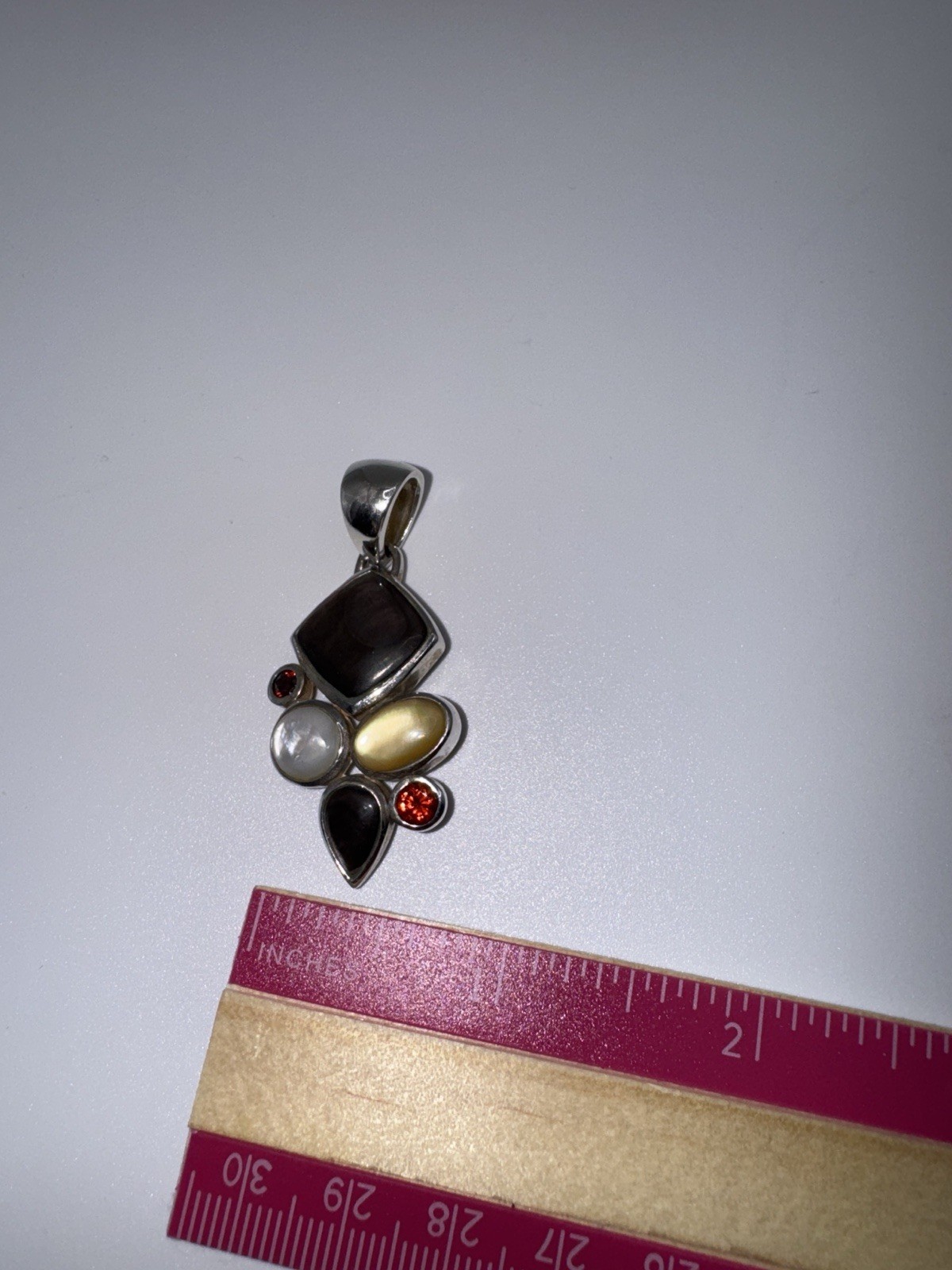 Sterling Silver Multi Gemstone Pendant MOP Cat’s Eye Quartz Garnet Thailand Boho