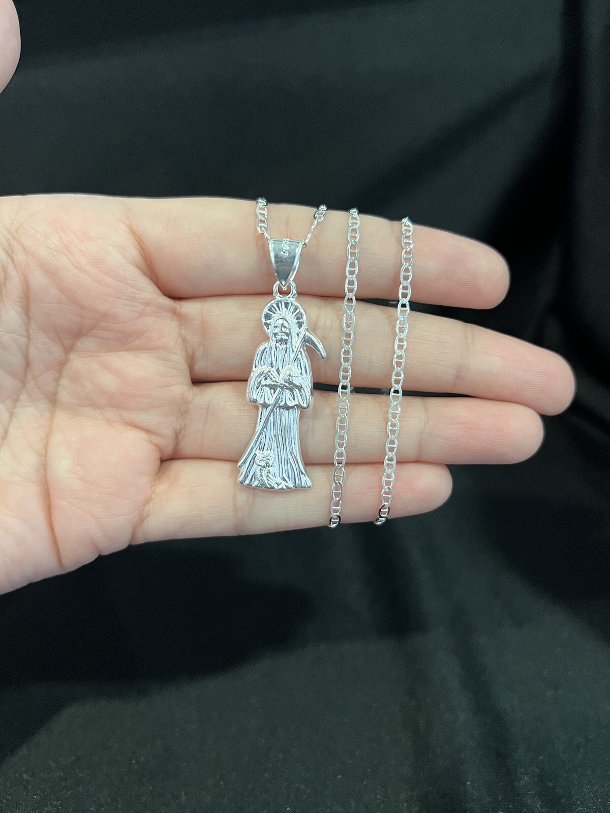 925 Sterling Silver Small Santa Muerte Grim Reaper & Mariner Chain 18 20 22 24