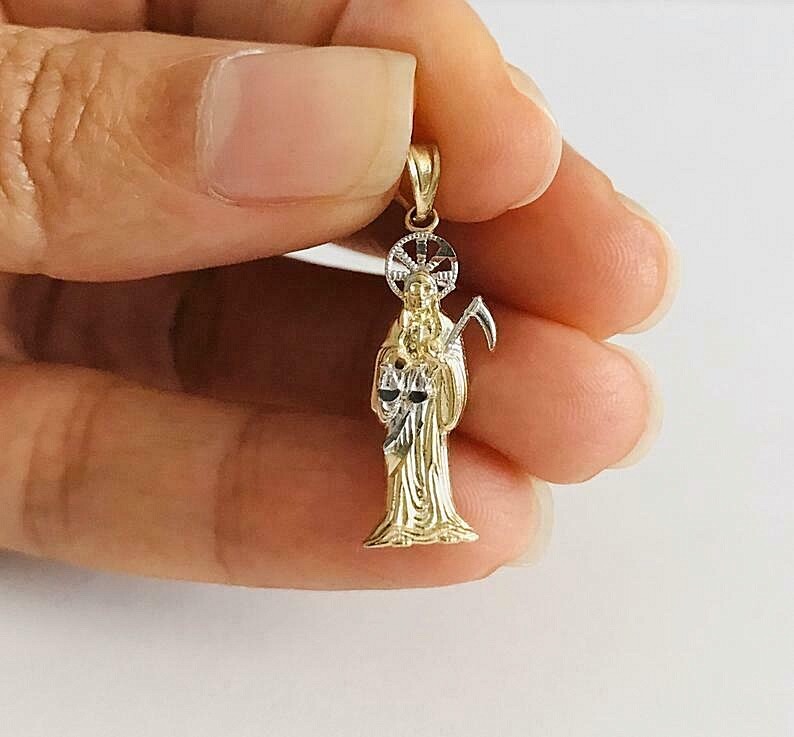 14K Solid Gold 1 inch Grim Reaper, Holy Death, 14k Angel of Death Pendant- PT098