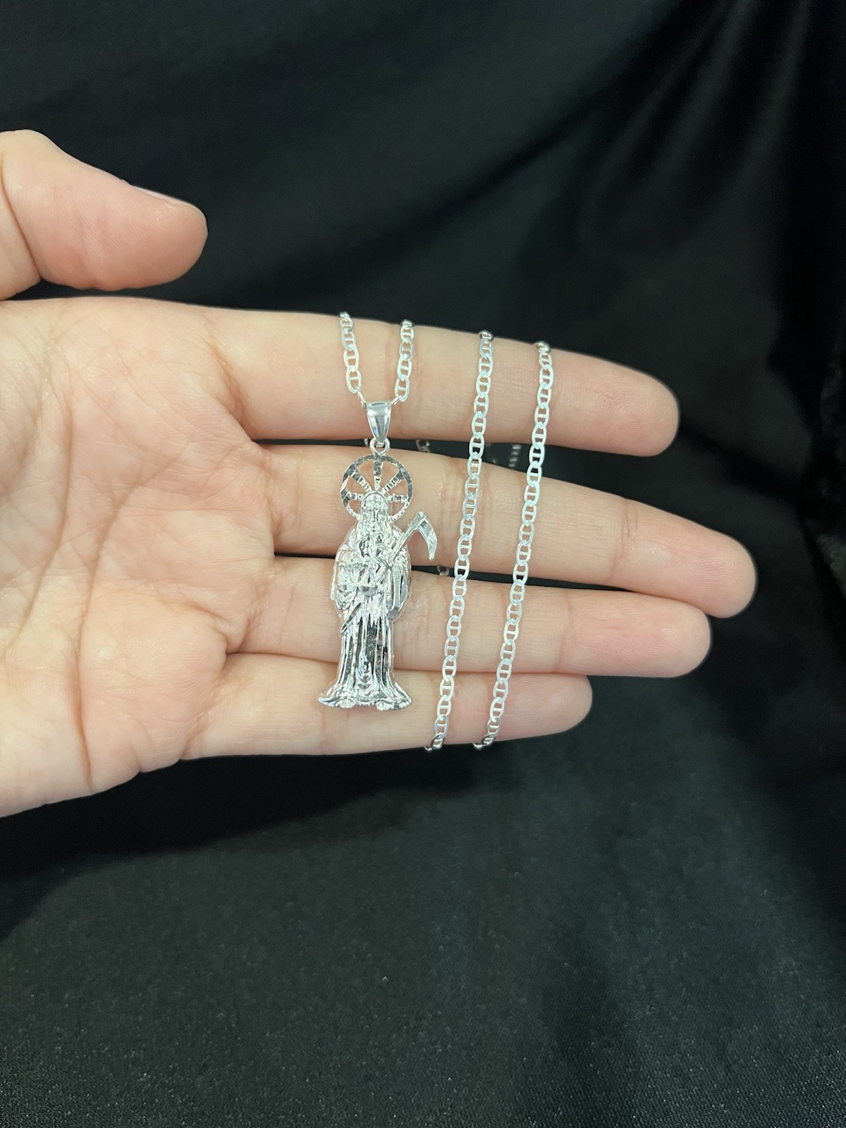 925 Sterling Silver Women Men Small Santa Muerte Grim Reaper Mariner Chain 18 24