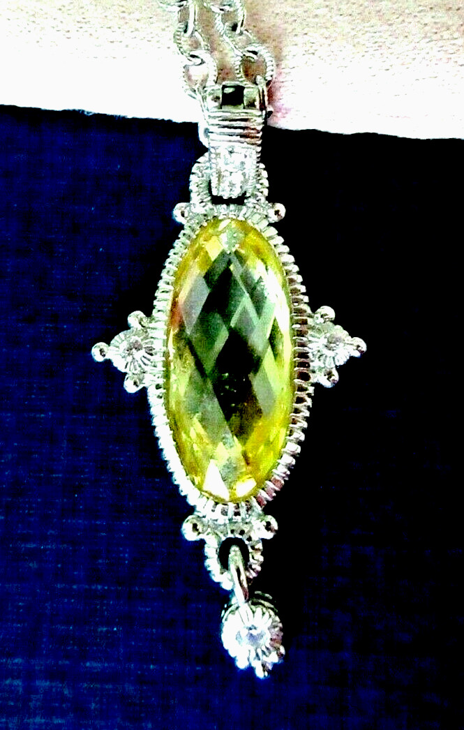 Judith Ripka Sterling Silver Canary Quartz DMQ CZ Pendant 17.5″ Necklace JR Box