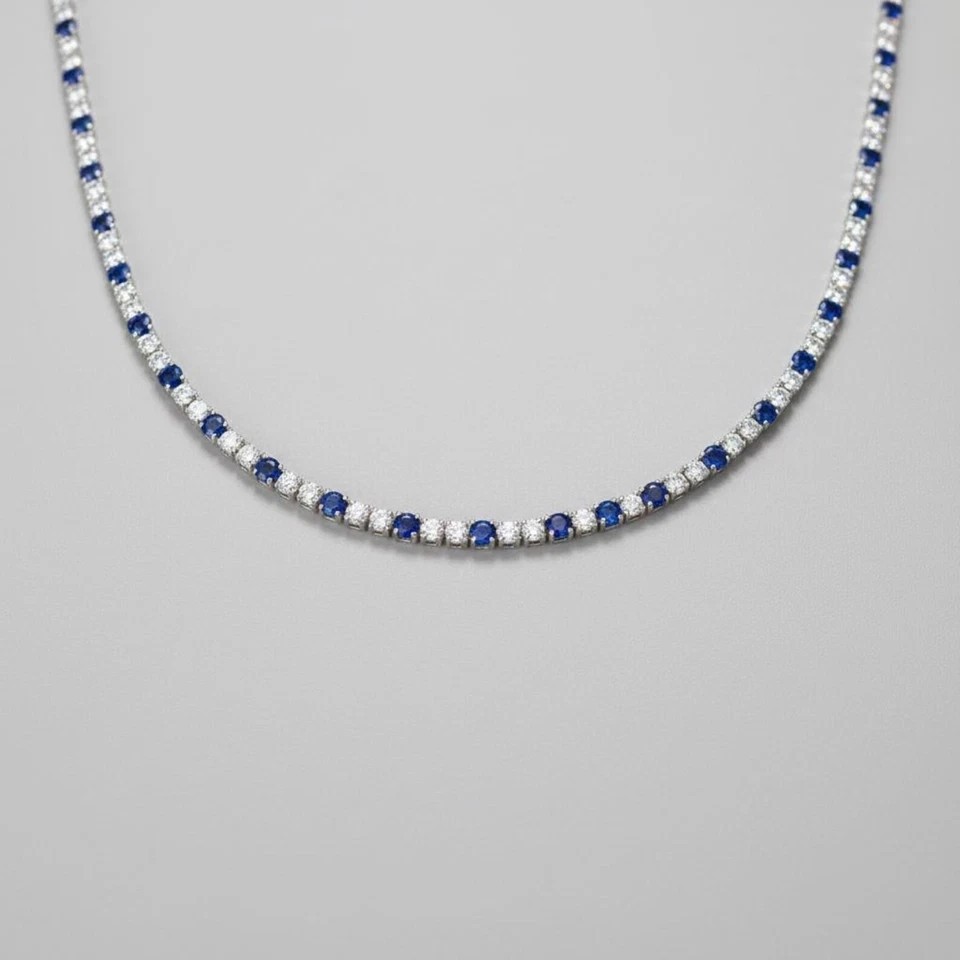 18TCW Round Lab Created Sapphire & Diamond Tennis Necklace 925 Sterling Silver