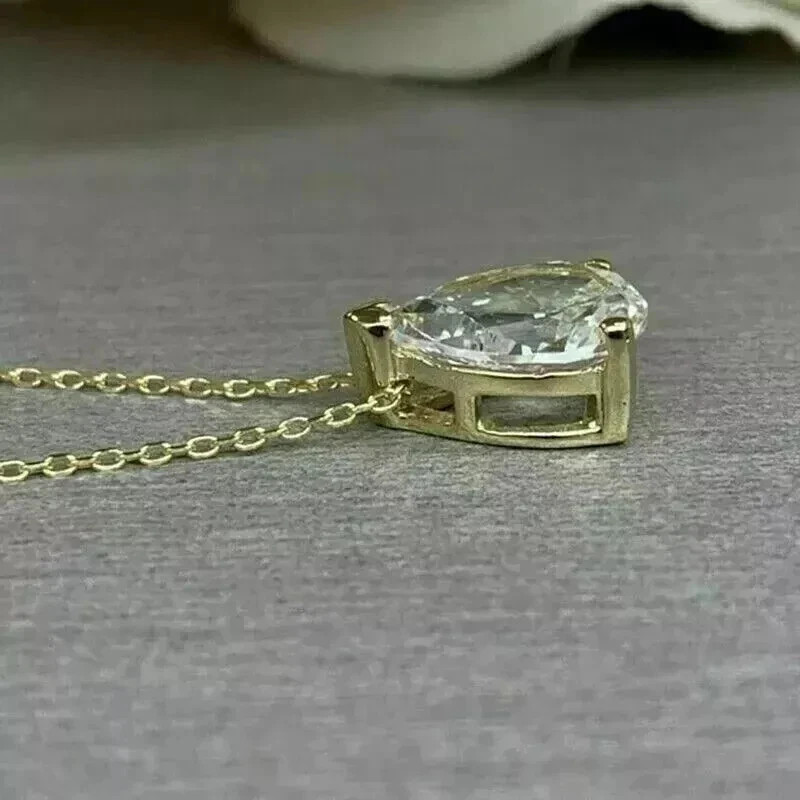 2.00Ct Pear Cut Real Moissanite Solitaire Pendant Free Chain 14K Gold Plated