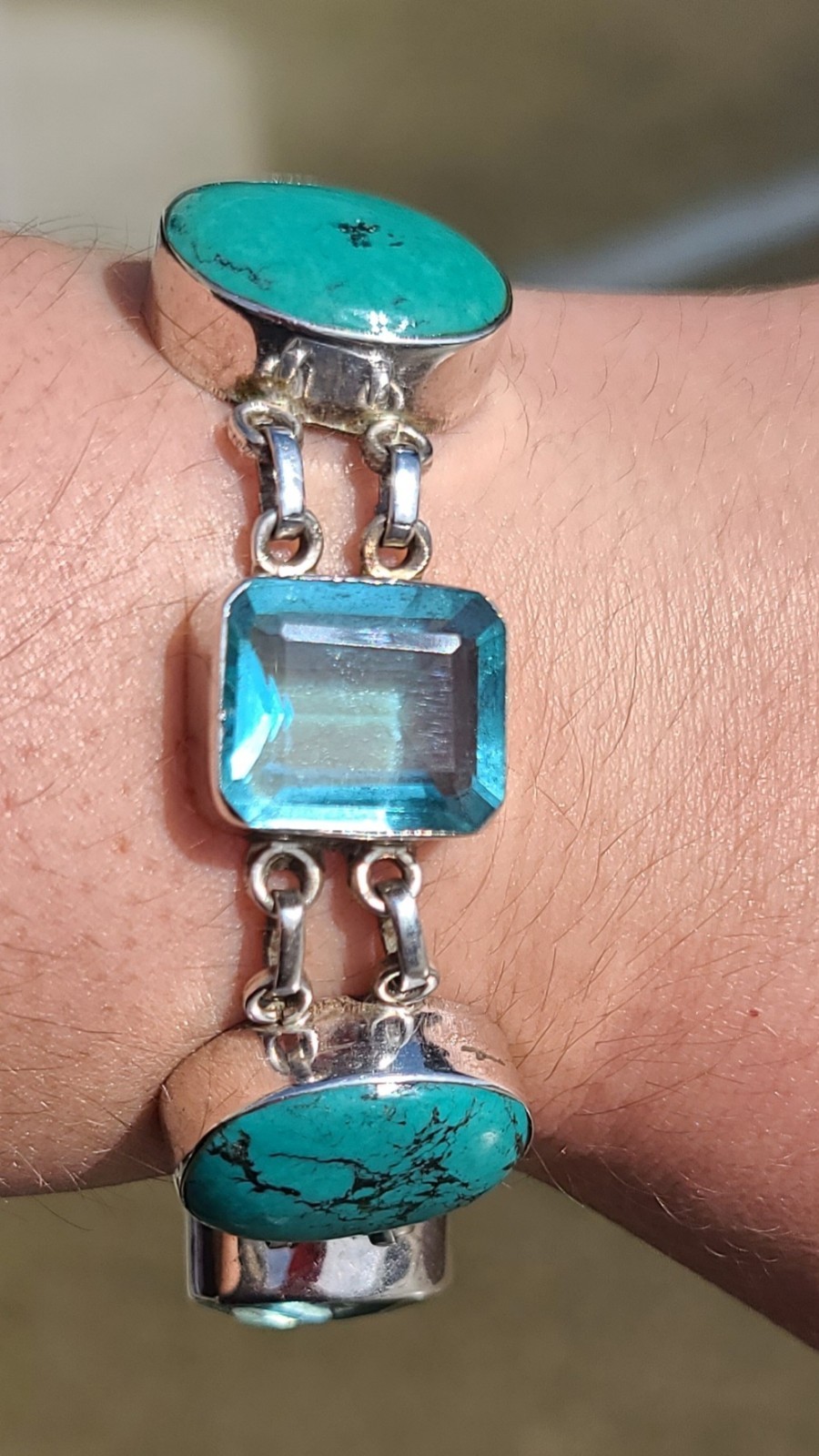 Stunning Sterling Silver Turquoise and Blue Topaz Adjustable Bracelet