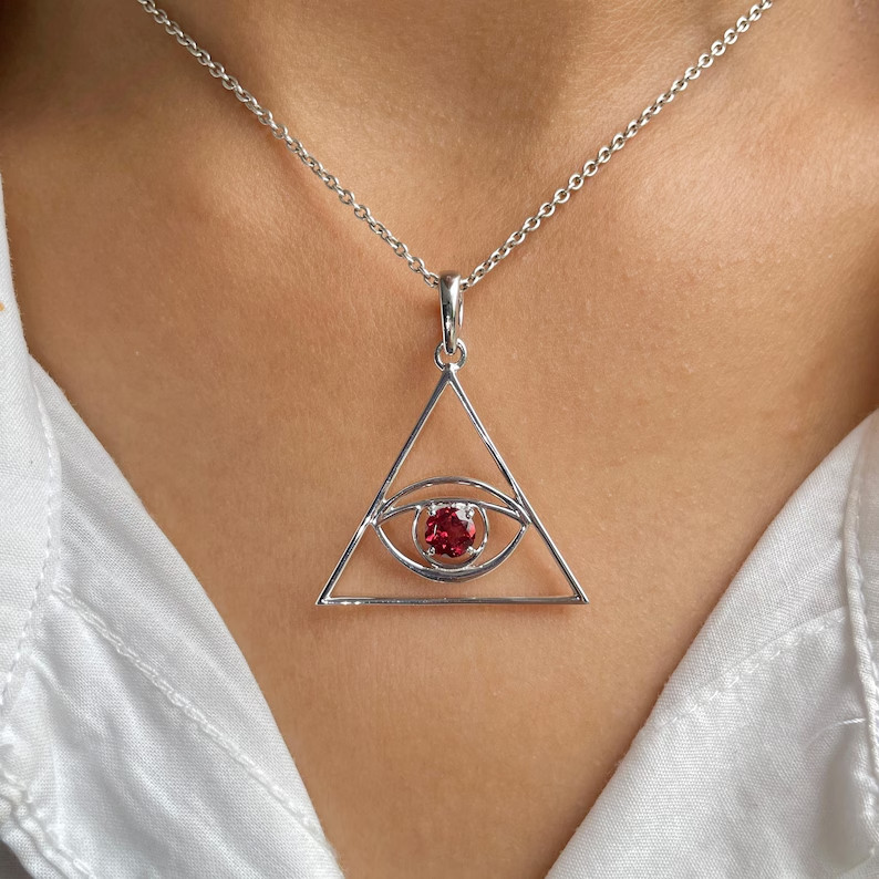 Lab Created Garnet Tringle Evil Eye Pendant for Women’s 14K White Gold Plated