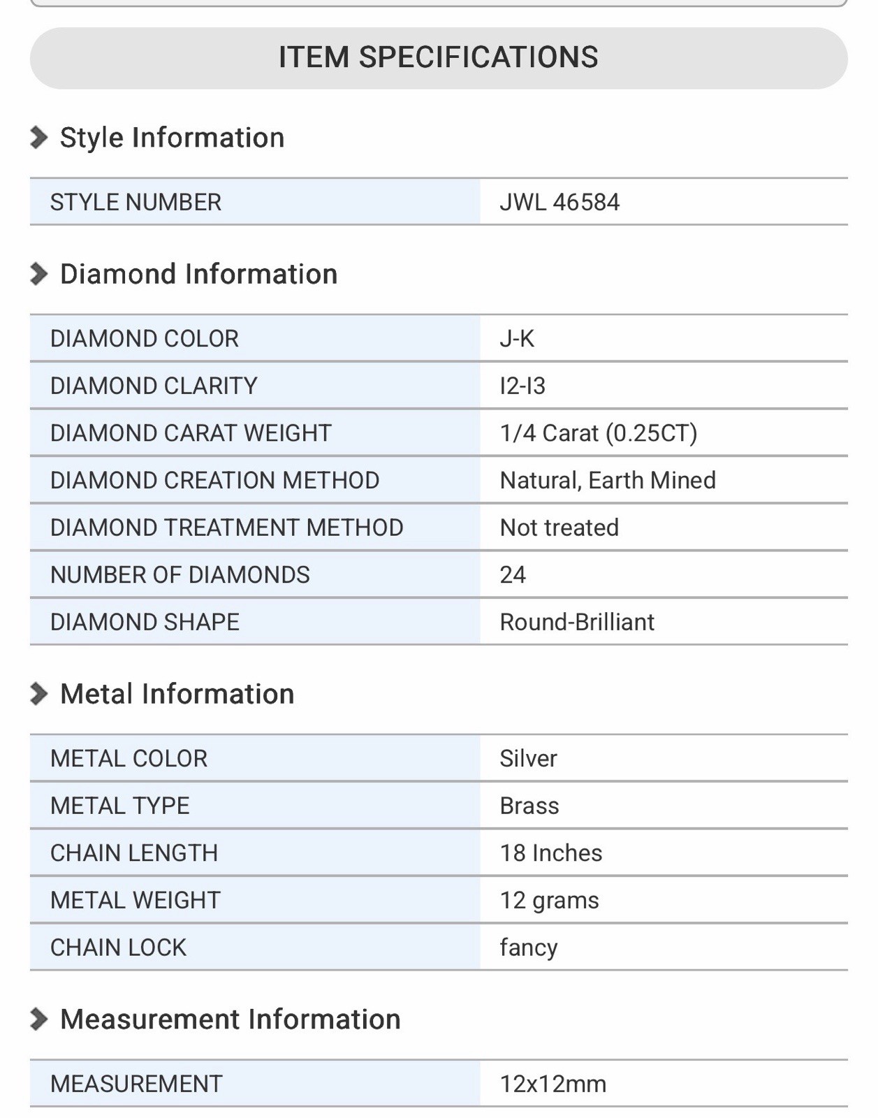 Platinum Plated Diamond Necklace 18″ 24 Natural Round Diamonds J-K I2-I3 0.25ctw