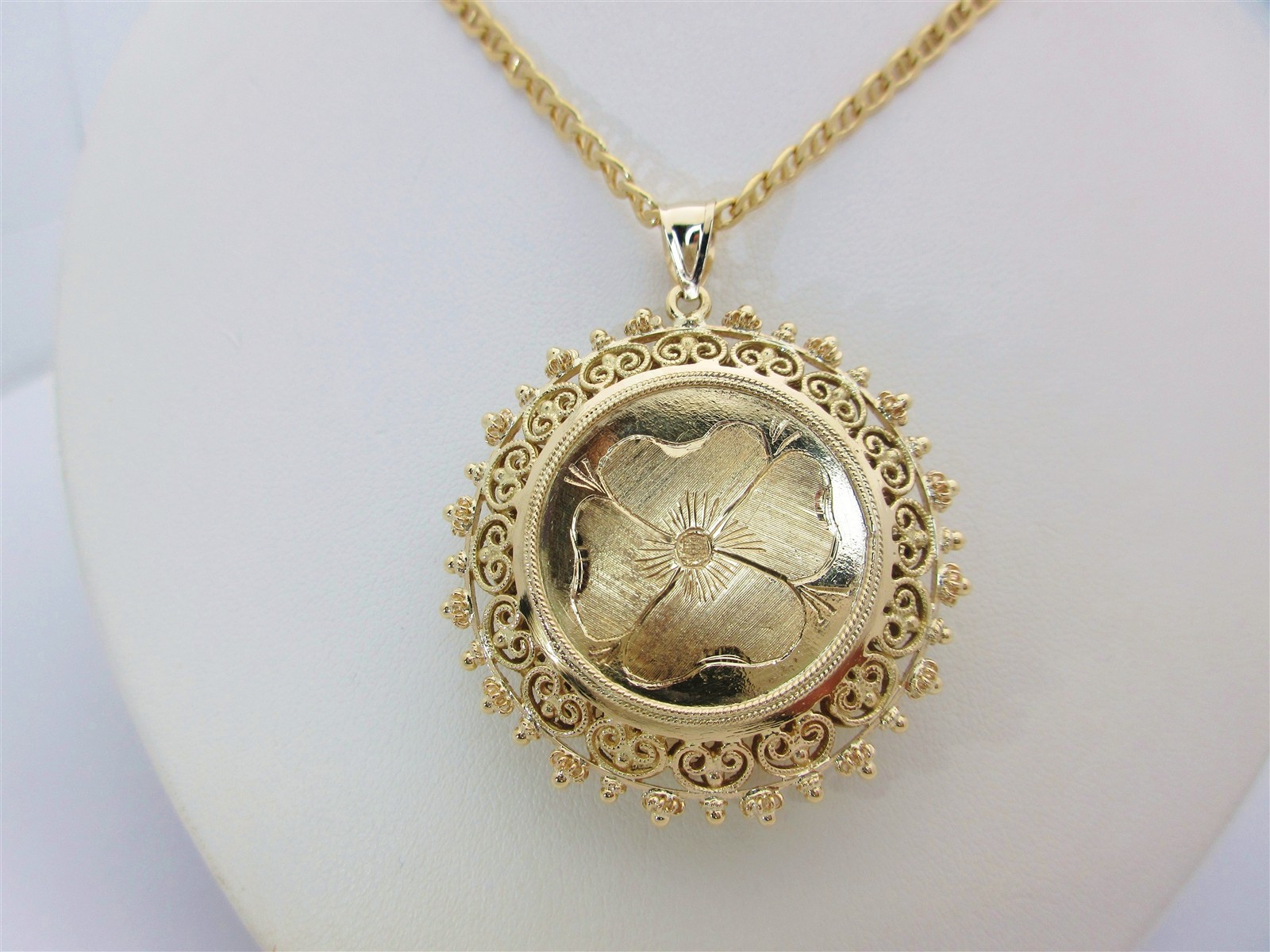 18K Antique Filigree Necklace Pill Box Stash Reversible Locket Gemstone 23″ N437