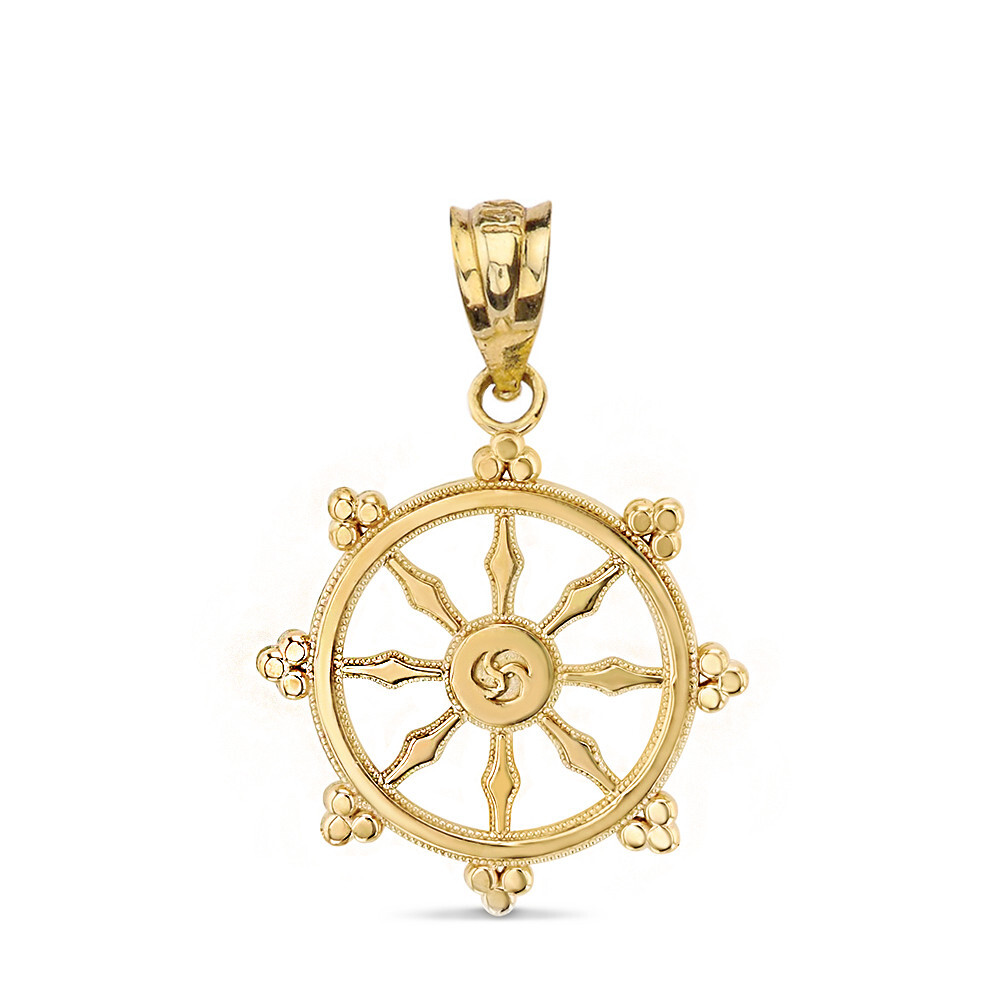 Gold Buddhism Dharmachakra Dharma Wheel Pendant Necklace (Yellow/Rose/White)