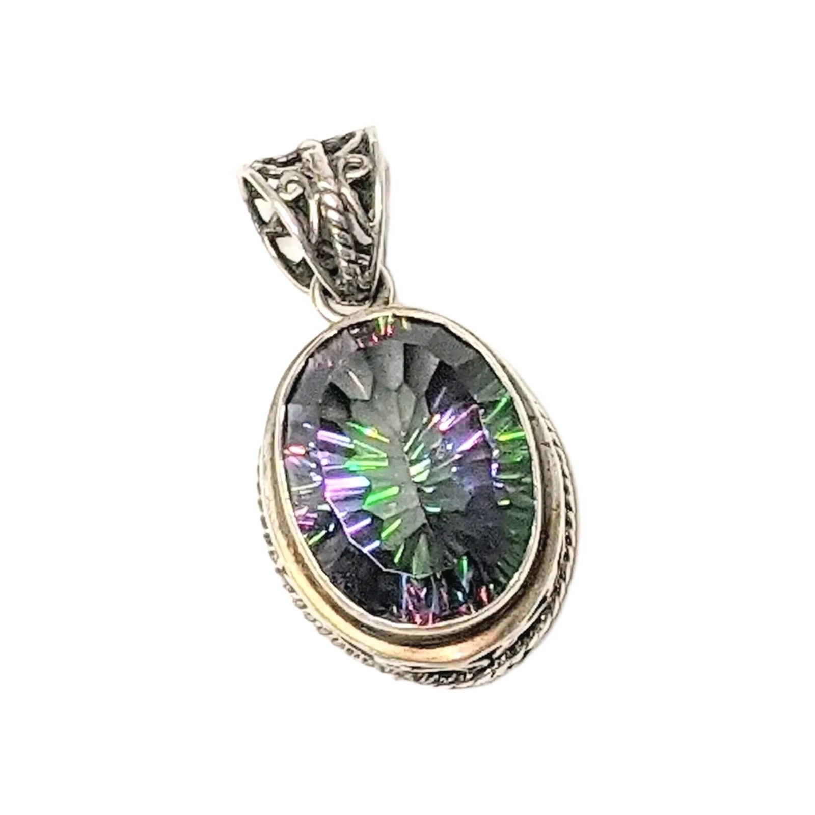 22.8ct Quantum Cut Bezel Set Mystic Topaz Sterling Silver Filigree Pendant 1.5″