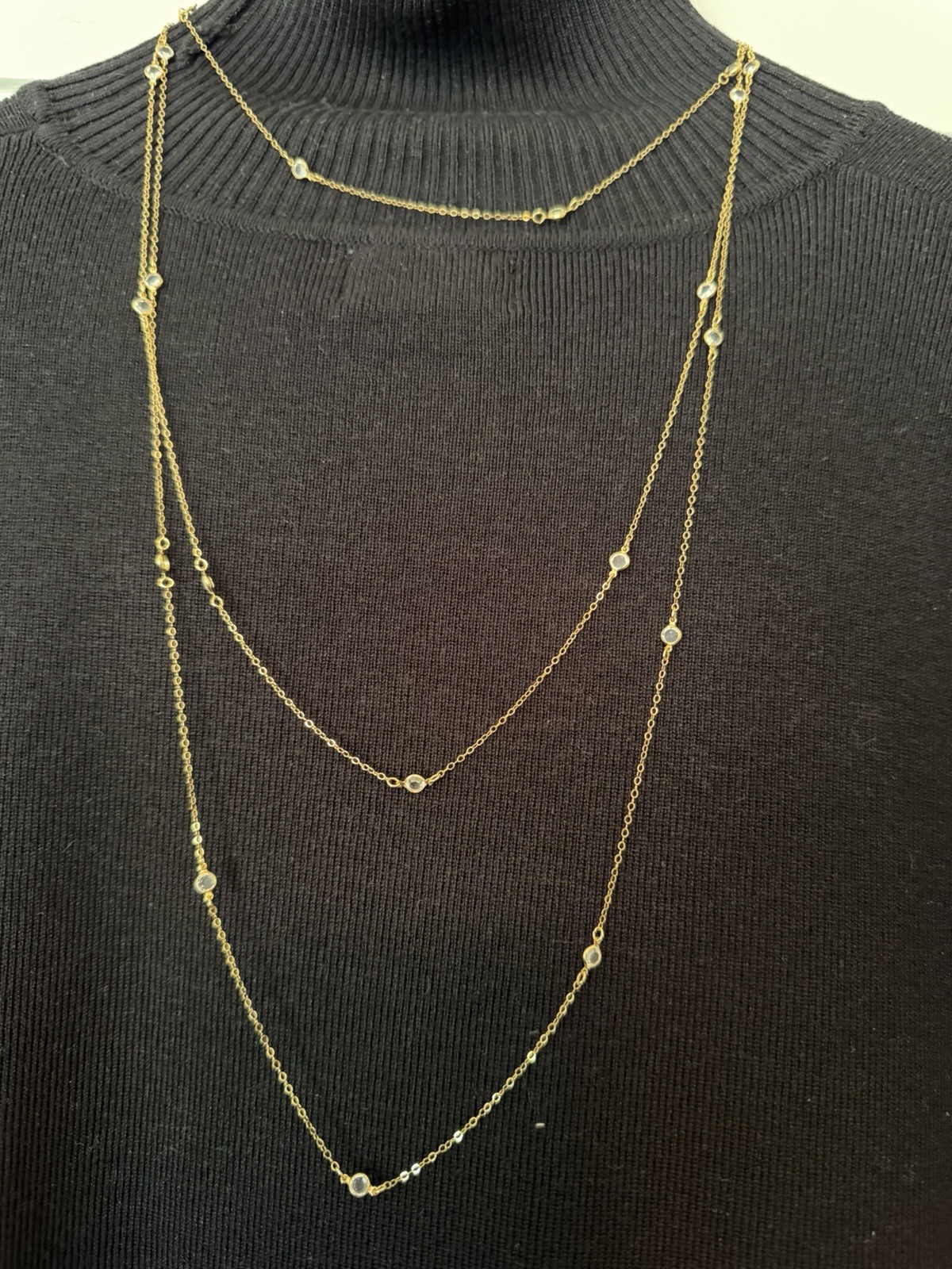 12K Gold Filled Necklace Set of 3 – 15”, 23.5”, 29.5” Bezel Set Clear Stones