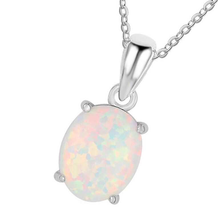 925 Sterling Silver White Fire Opal Womens Chain Link 18″ Pendant Necklace D679