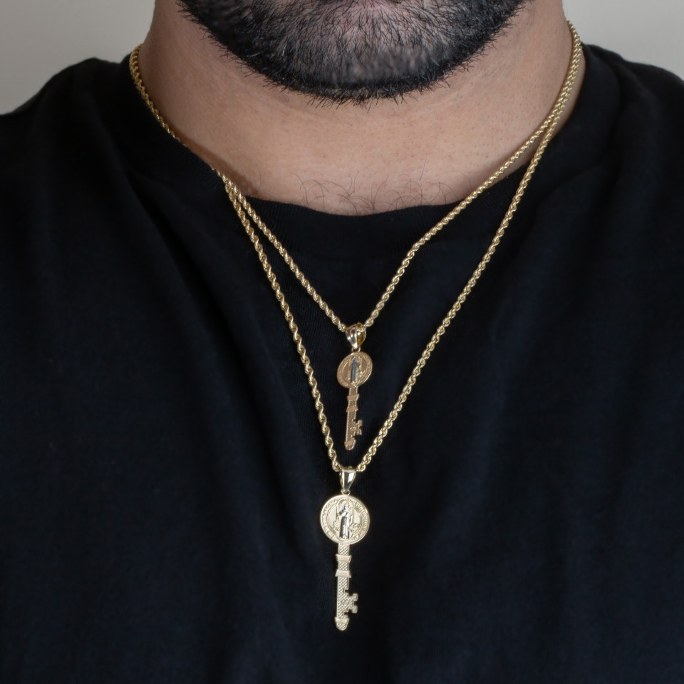 Two-Tone Gold Saint Benedict Medal Key Pendant Necklace (S/L)(Yellow/Rose/White)