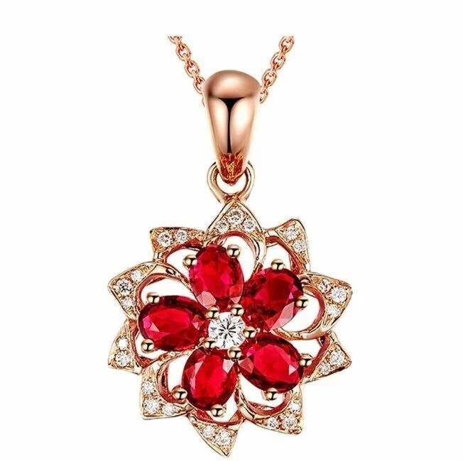 2.20 Ct Oval Cut Red Ruby Flower Shape Pendant with Chain 14K Rose Gold Finish