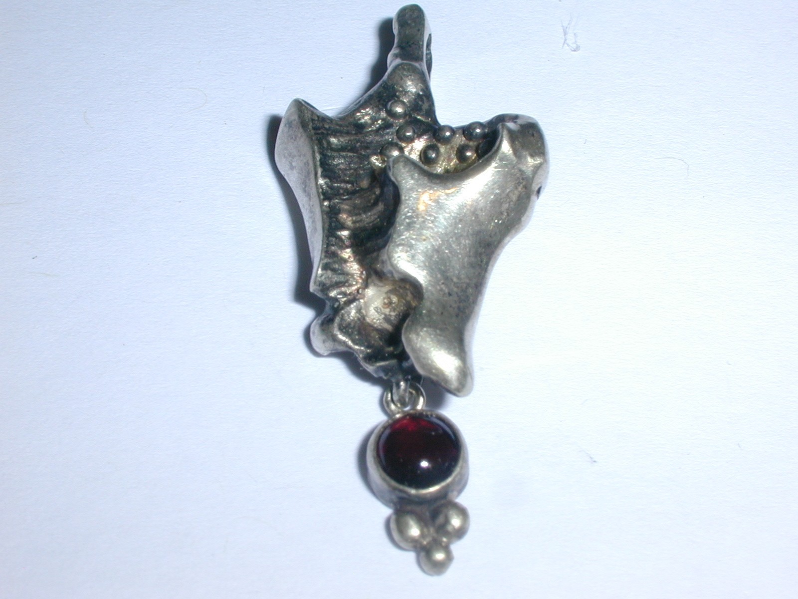 MODERNIST BRUTALIST STERLING SILVER HANDMADE PENDANT W/ GARNET DROP!
