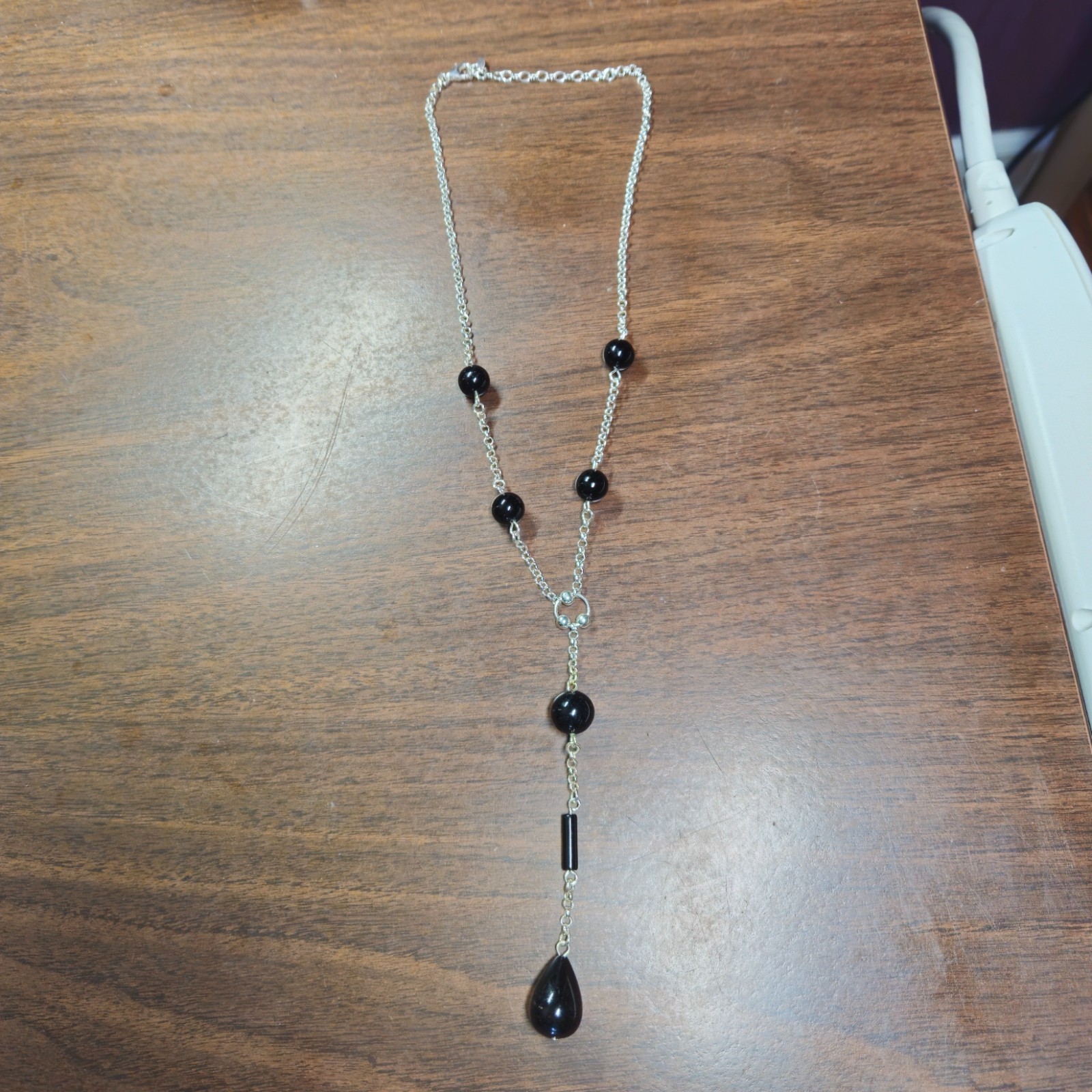 FAS 925 Sterling Silver, Onyx Dangle Necklace 12″