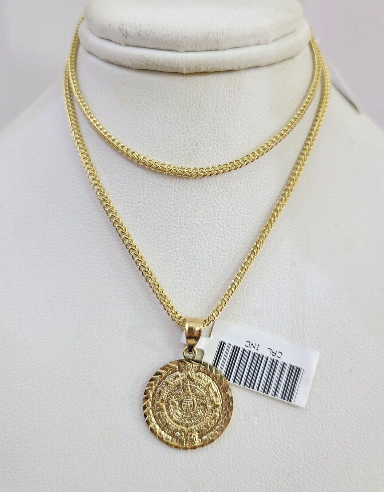 10k Gold Franco Chain Mayan Calendar Charm Pendant 2mm 18-24 Inches Necklace SET