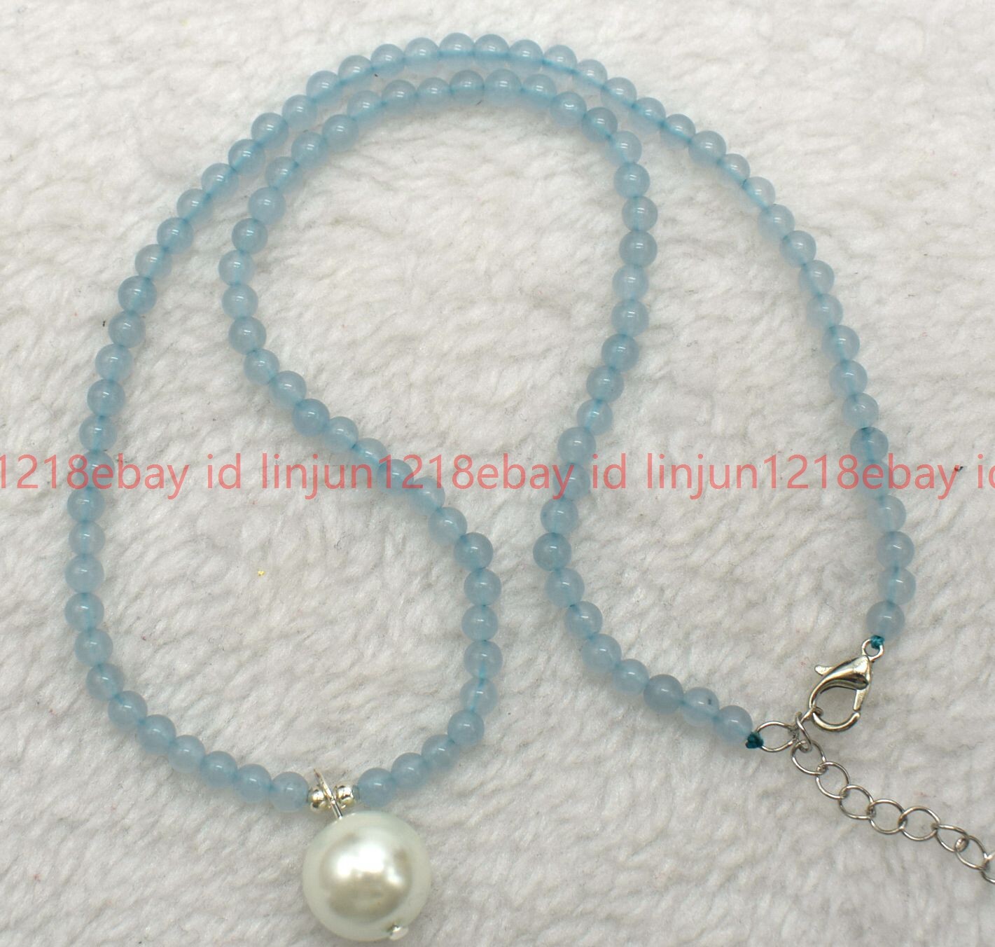 4mm Light Blue Jade Round Gems Beaded White Shell Pearl Pendant Necklace 16-28in