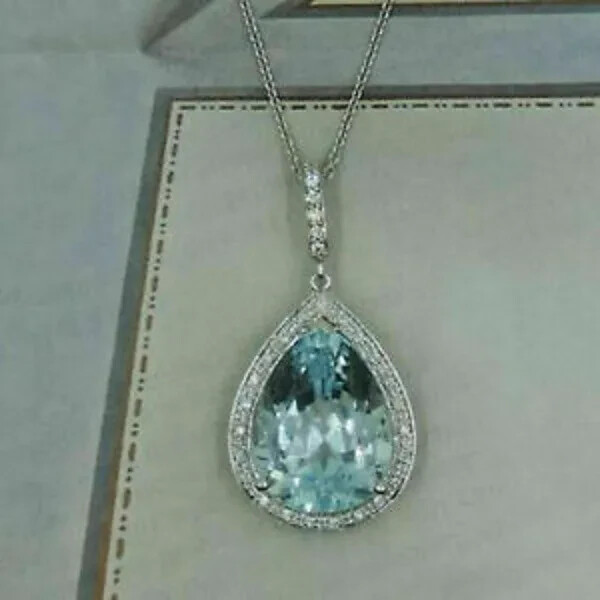 3Ct Pear Cut Aquamarine Necklace Halo Pendant 14K White Gold Finish Free Chain