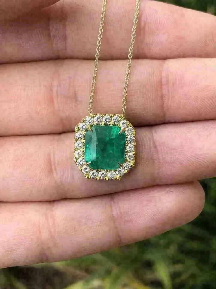 2.00Ct Asscher Cut Lab Created Emerald Halo Fancy Pendant 14K Yellow Gold Plated