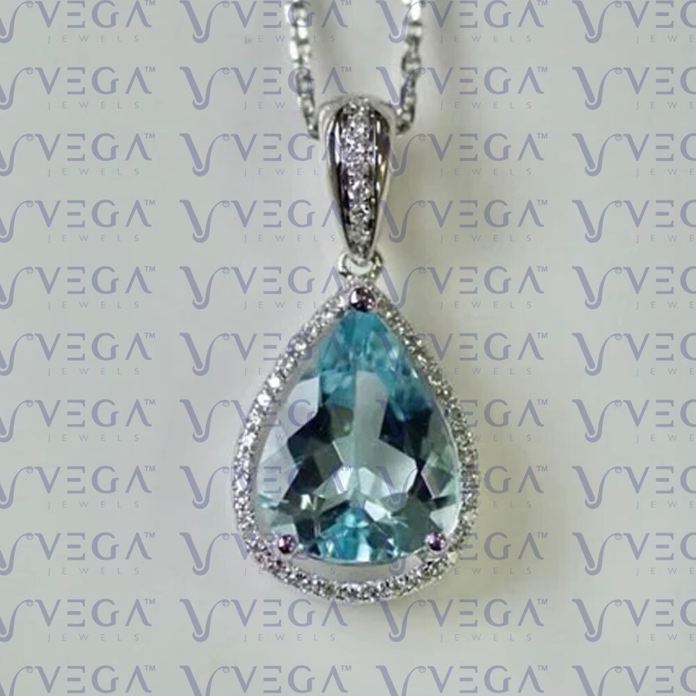 5.14ct Pear Cut Natural Aquamarine Gemstones Diamond Pendant Real 14K White Gold