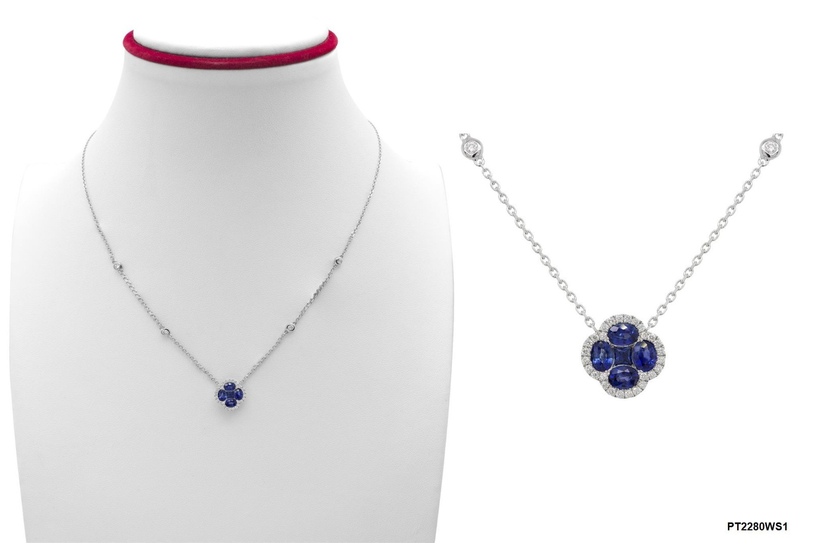 18K White Gold Sapphire & Diamond Clover Pendant Necklace 1.14 CTW Adjustable