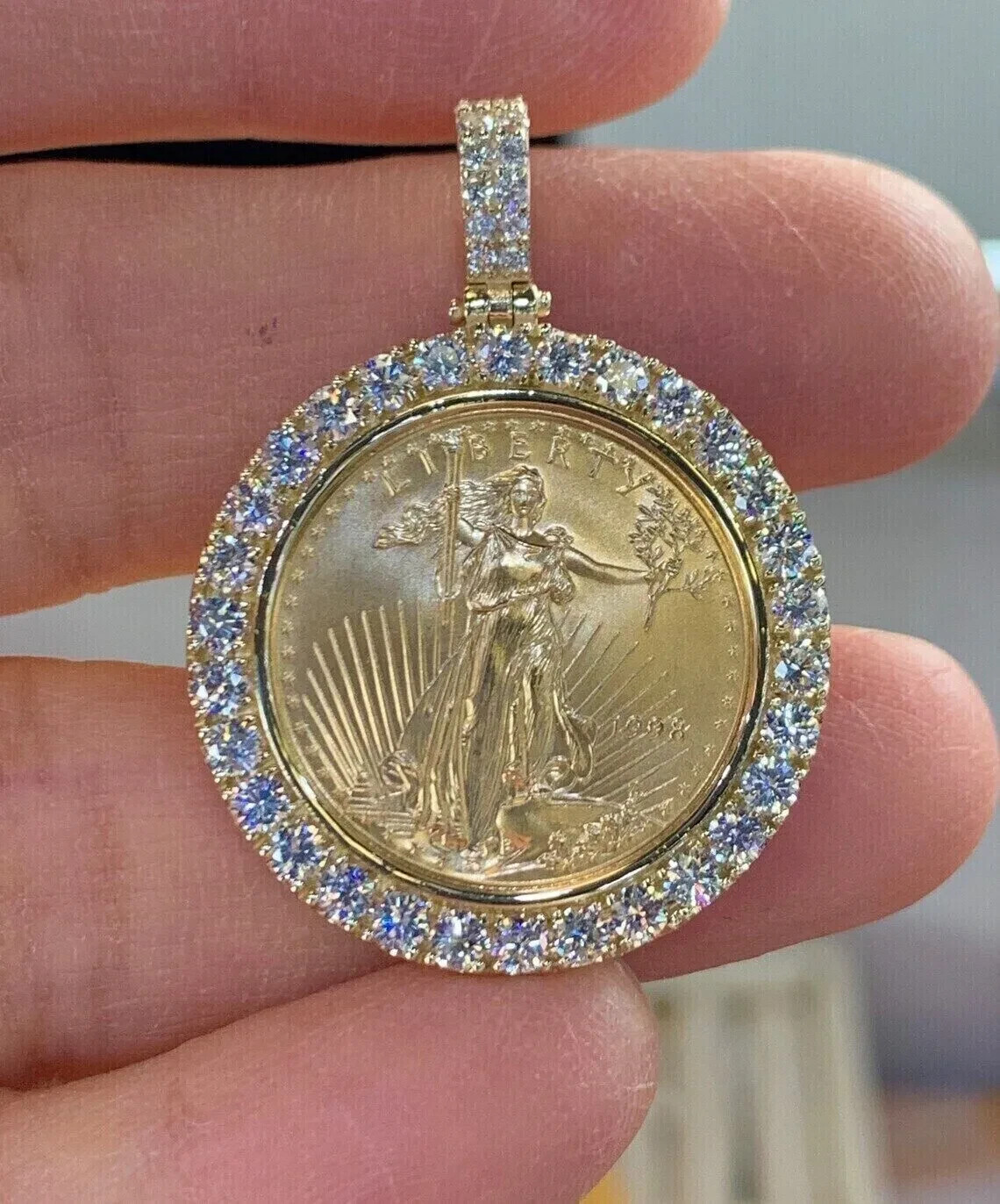 2Ct Round Cut Moissainite Diamond Liberty Coin Pendant 14K Yellow Gold Plated