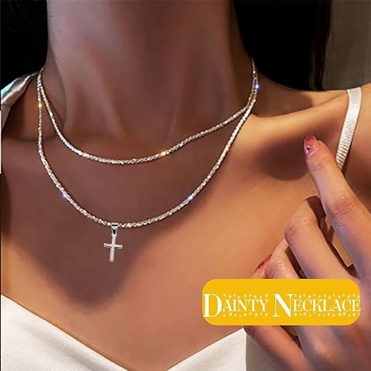 925 Sterling Silver Sparkly Necklace Layered Dainty Chain Necklace Silver Cross