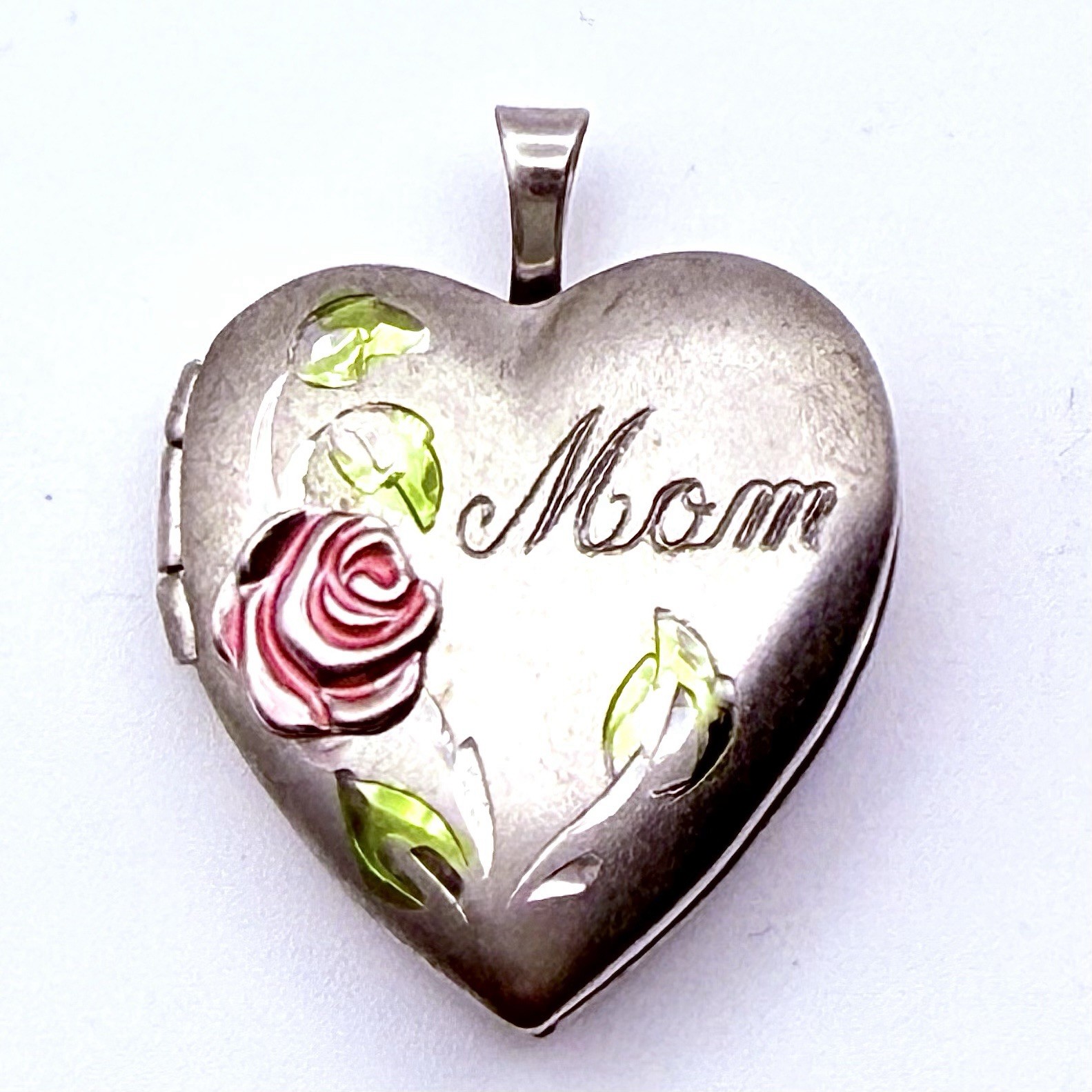 Sterling Silver Heart LOCKET Pink Enamel Rose “Mom” Inscription Mothers Day Gift